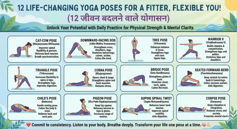12 जीवन बदलने वाले योगासन (12 Life-Changing Yoga Poses for a Fitter, Flexible You!)